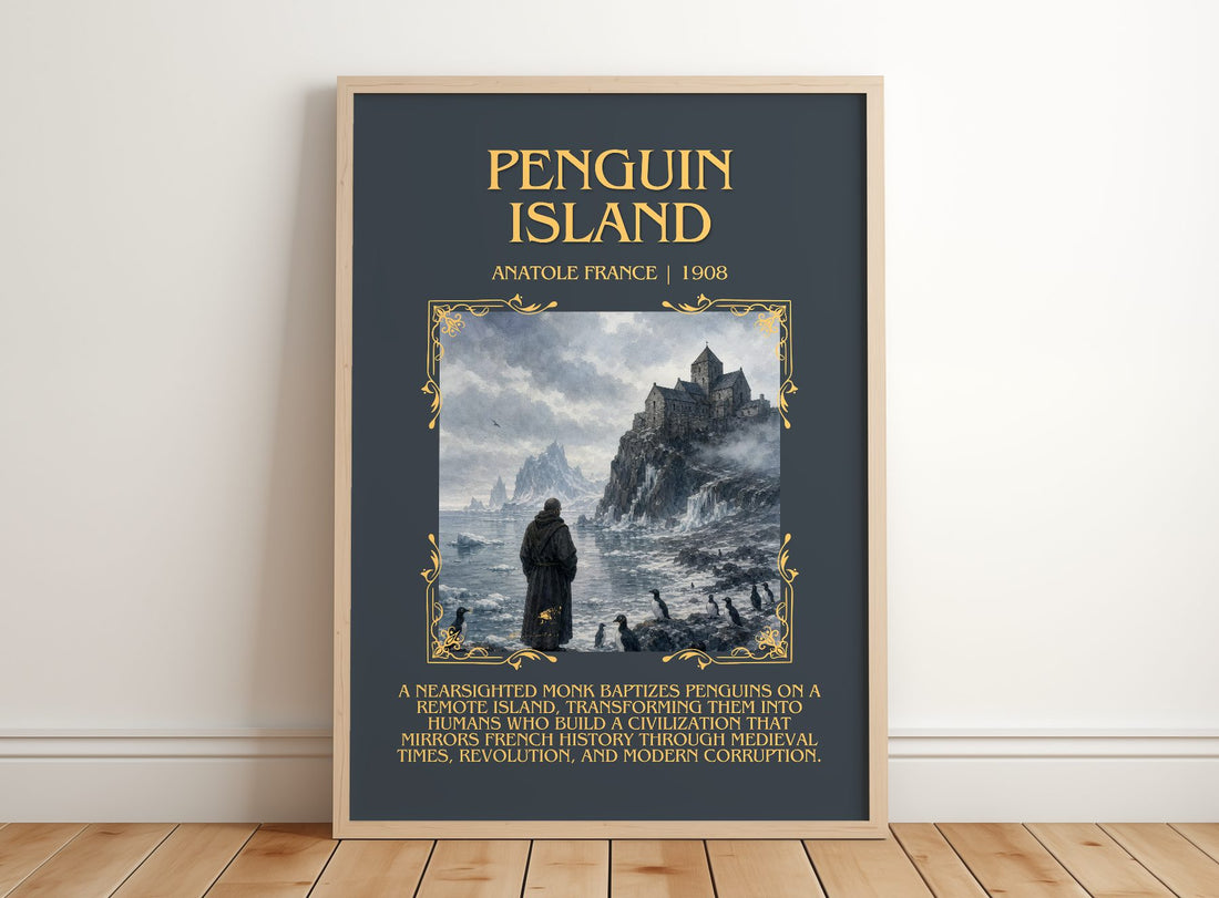 Penguin Island Minimalist Book Poster by Anatole France – framed print leaning on a wooden floor