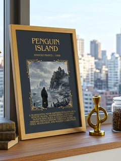Penguin Island Minimalist Book Poster by Anatole France – framed print on a city-view windowsill