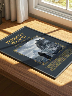 Penguin Island Minimalist Book Poster by Anatole France – print on a sunlit desk