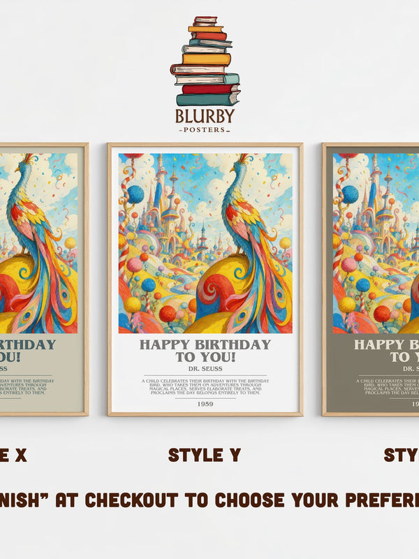 Happy Birthday To You! bookish print in frame leaning in hallway – childrens wall art