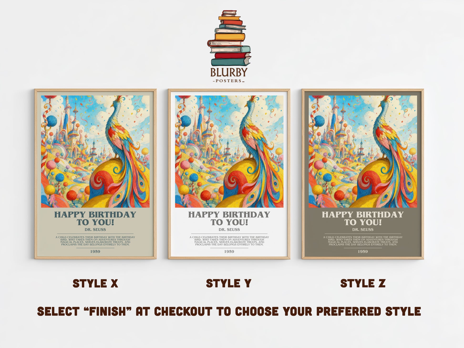 Happy Birthday To You! bookish print in frame leaning in hallway – childrens wall art