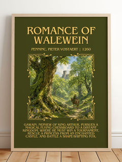 Romance Of Walewein Minimalist Book Poster by Penninc, Pieter Vostaert – framed print leaning on a wooden floor