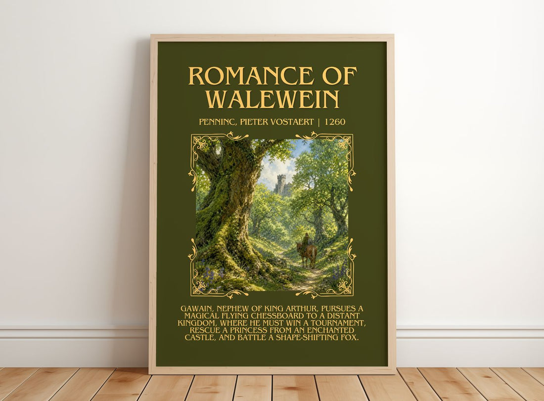 Romance Of Walewein Minimalist Book Poster by Penninc, Pieter Vostaert – framed print leaning on a wooden floor