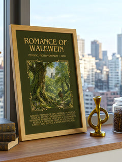 Romance Of Walewein Minimalist Book Poster by Penninc, Pieter Vostaert – framed print on a city-view windowsill