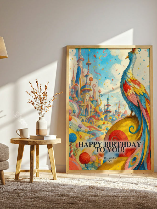 Happy Birthday To You! watercolour print in frame leaning in hallway – childrens wall art