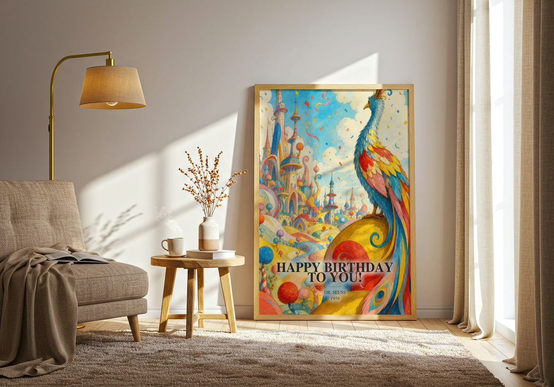 Happy Birthday To You! watercolour print in frame leaning in hallway – childrens wall art (mockup)