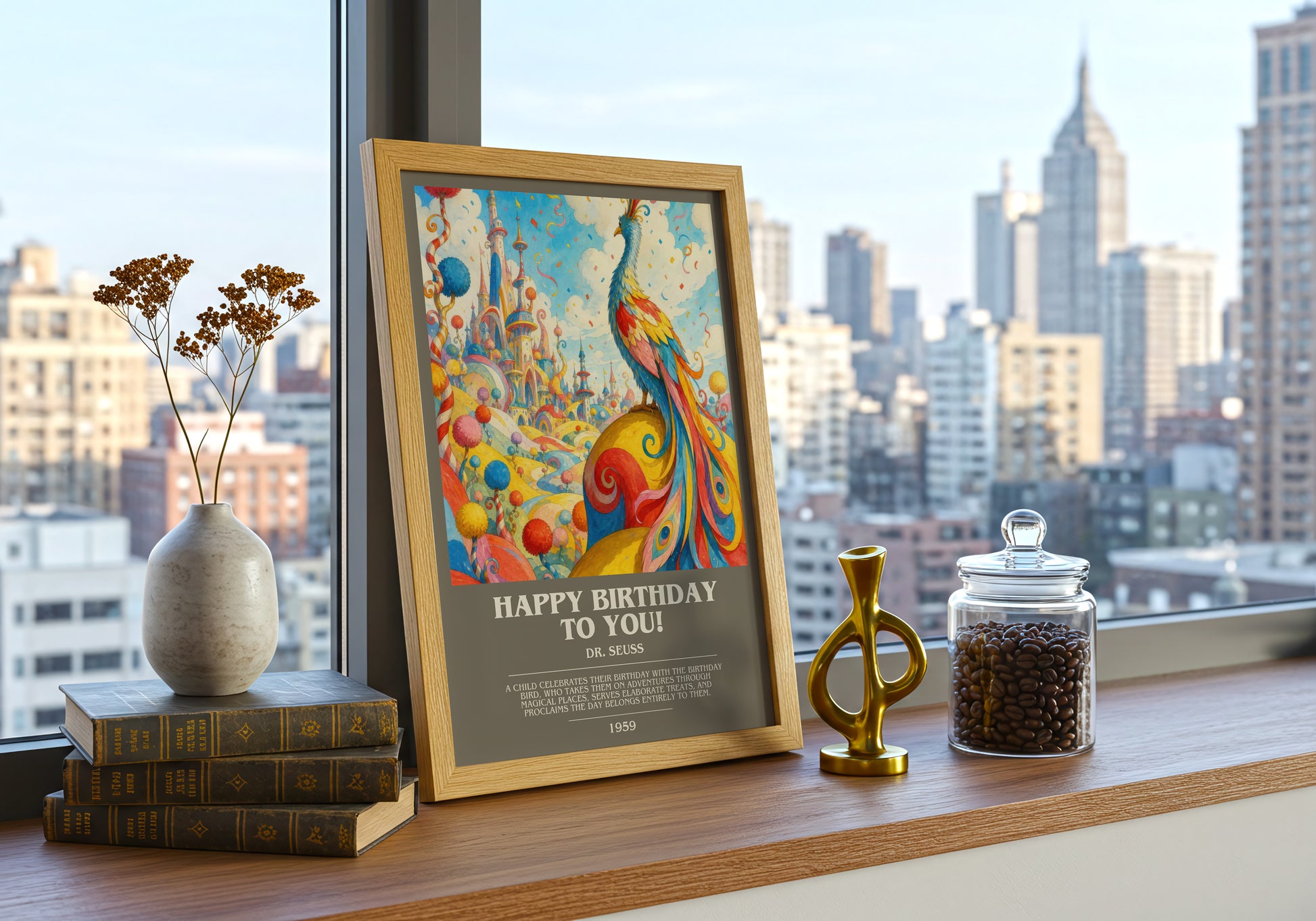 Happy Birthday To You! bookish print framed by window – literary home decor