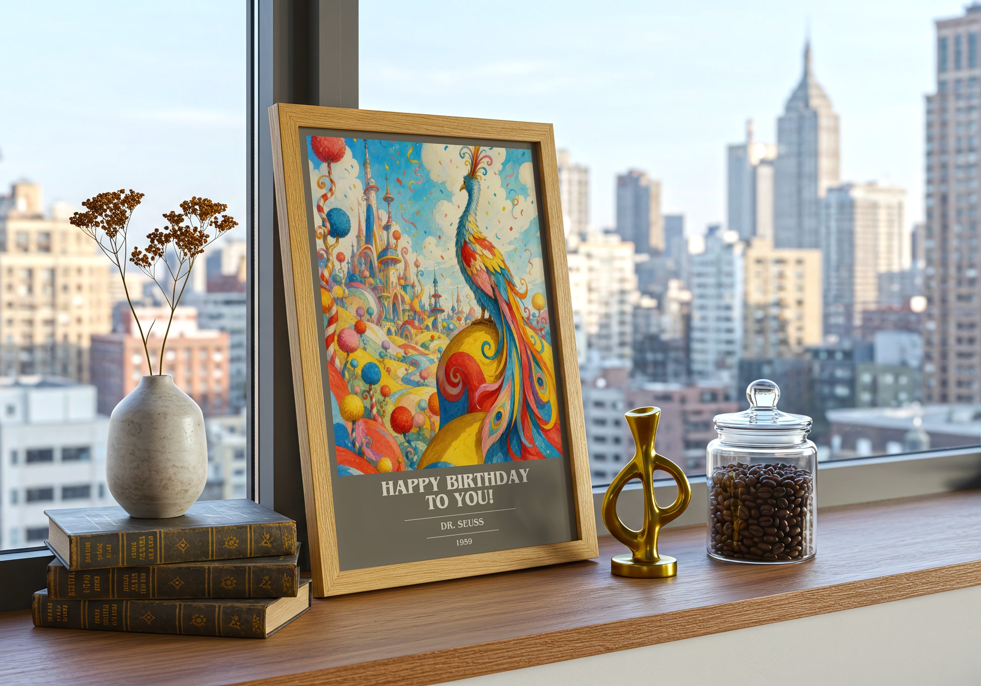 Happy Birthday To You! book cover print framed by window – literary home decor