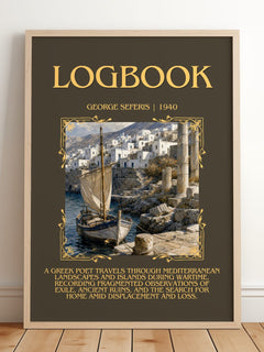 Logbook Minimalist Book Poster by George Seferis – framed print leaning on a wooden floor
