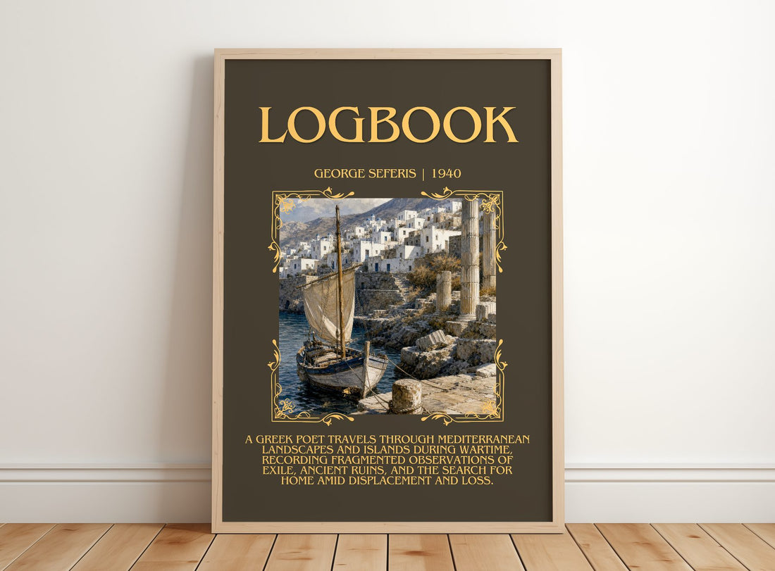 Logbook Minimalist Book Poster by George Seferis – framed print leaning on a wooden floor