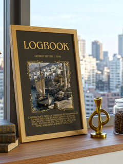 Logbook Minimalist Book Poster by George Seferis – framed print on a city-view windowsill
