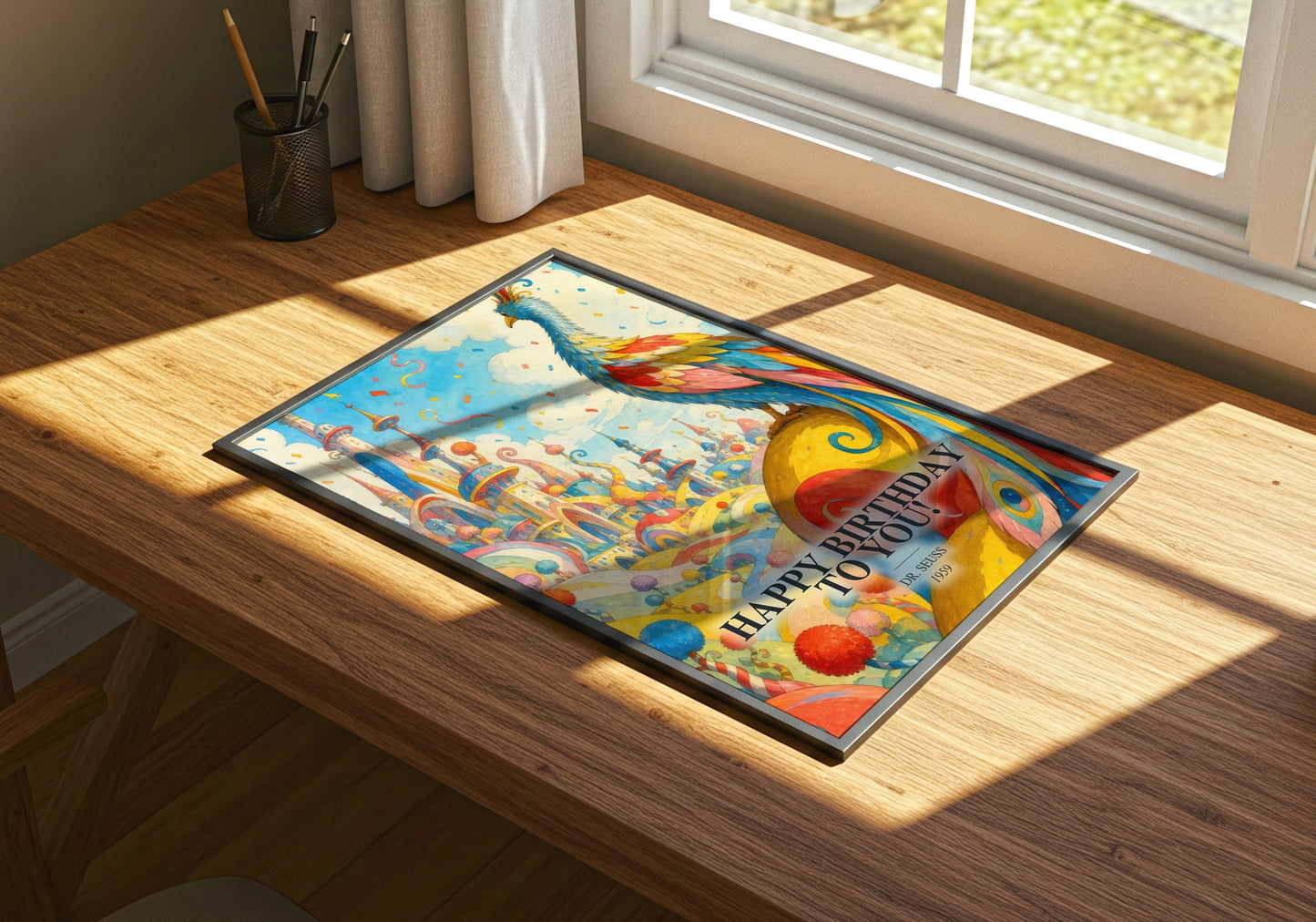 Happy Birthday To You! watercolour book poster framed on wall – childrens wall art