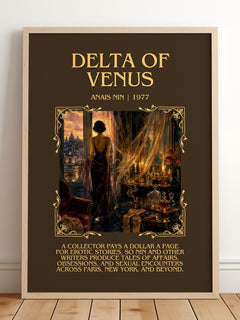 Delta of Venus Minimalist Book Poster by Anaïs Nin – framed print leaning on a wooden floor