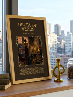 Delta of Venus Minimalist Book Poster by Anaïs Nin – framed print on a city-view windowsill