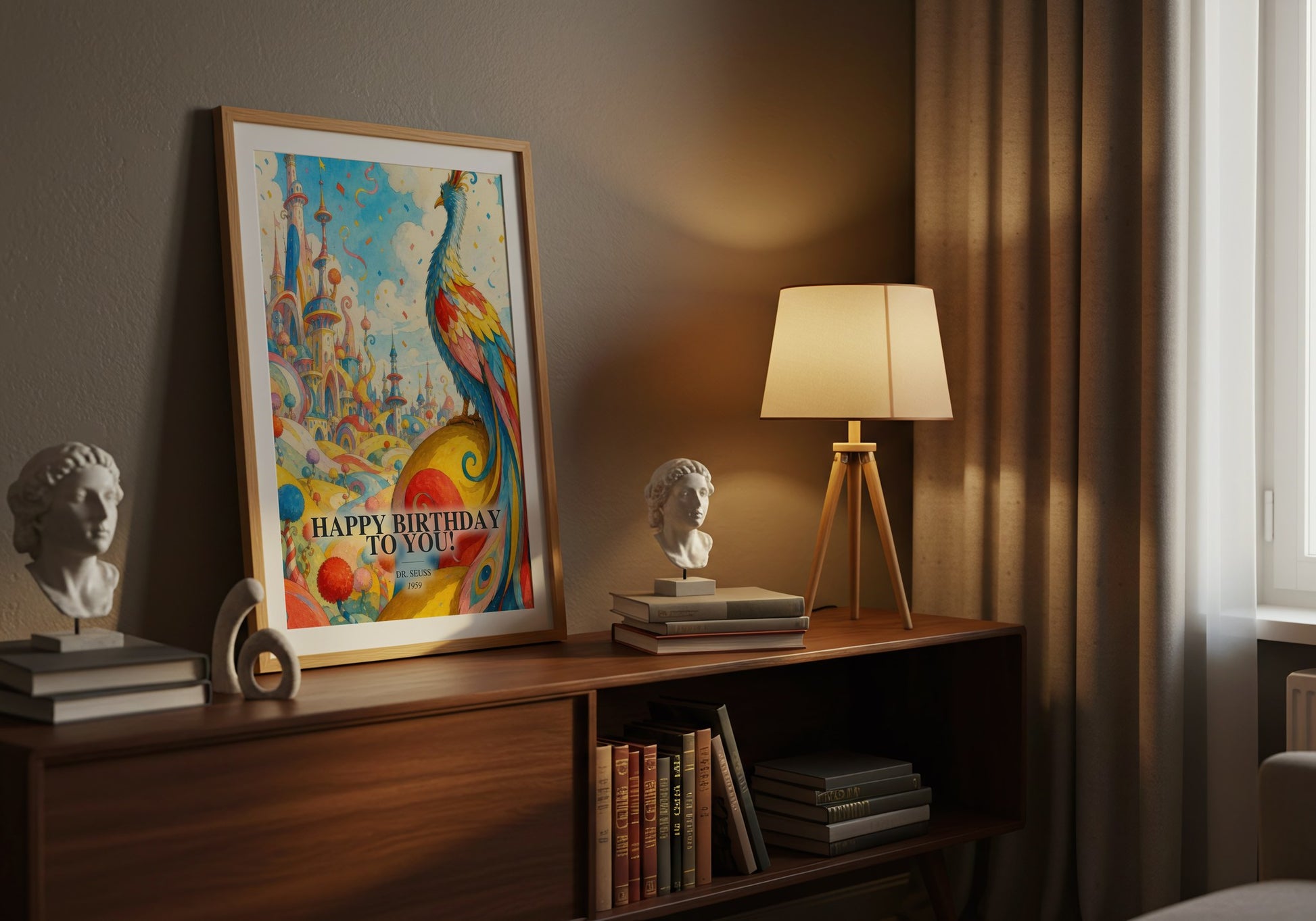 Happy Birthday To You! watercolour print on bookshelf – Dr. Seuss fan gift