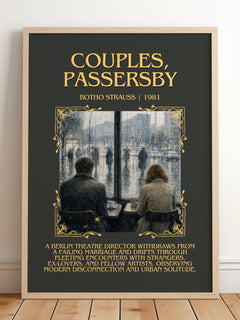 Couples, Passersby Minimalist Book Poster by Botho Strauß – framed print leaning on a wooden floor