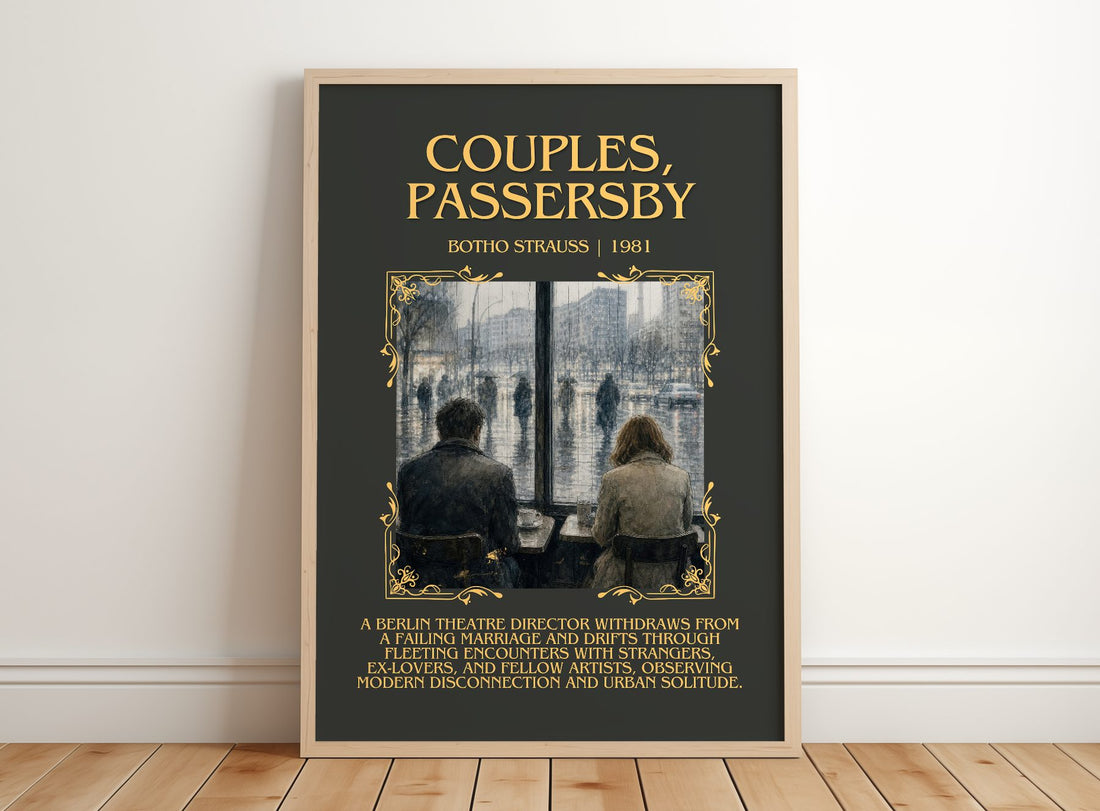 Couples, Passersby Minimalist Book Poster by Botho Strauß – framed print leaning on a wooden floor