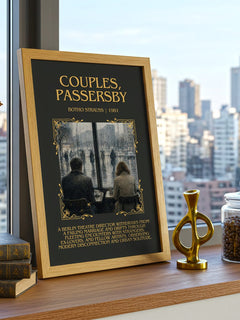 Couples, Passersby Minimalist Book Poster by Botho Strauß – framed print on a city-view windowsill