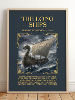 The Long Ships Minimalist Book Poster by Frans G. Bengtsson – framed print leaning on a wooden floor