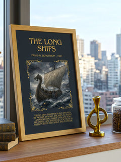 The Long Ships Minimalist Book Poster by Frans G. Bengtsson – framed print on a city-view windowsill