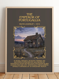 The Emperor of Portugallia Minimalist Book Poster by Selma Lagerlöf – framed print leaning on a wooden floor