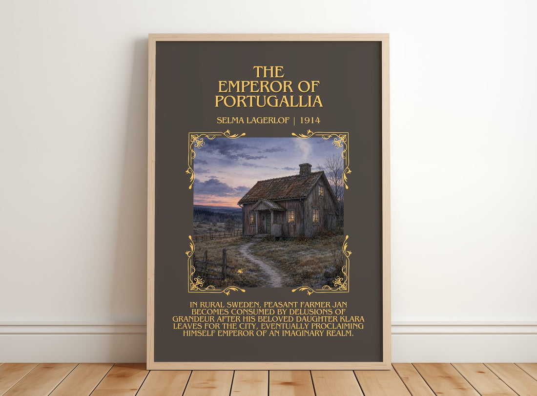The Emperor of Portugallia Minimalist Book Poster by Selma Lagerlöf – framed print leaning on a wooden floor