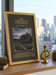 The Emperor of Portugallia Minimalist Book Poster by Selma Lagerlöf – framed print on a city-view windowsill