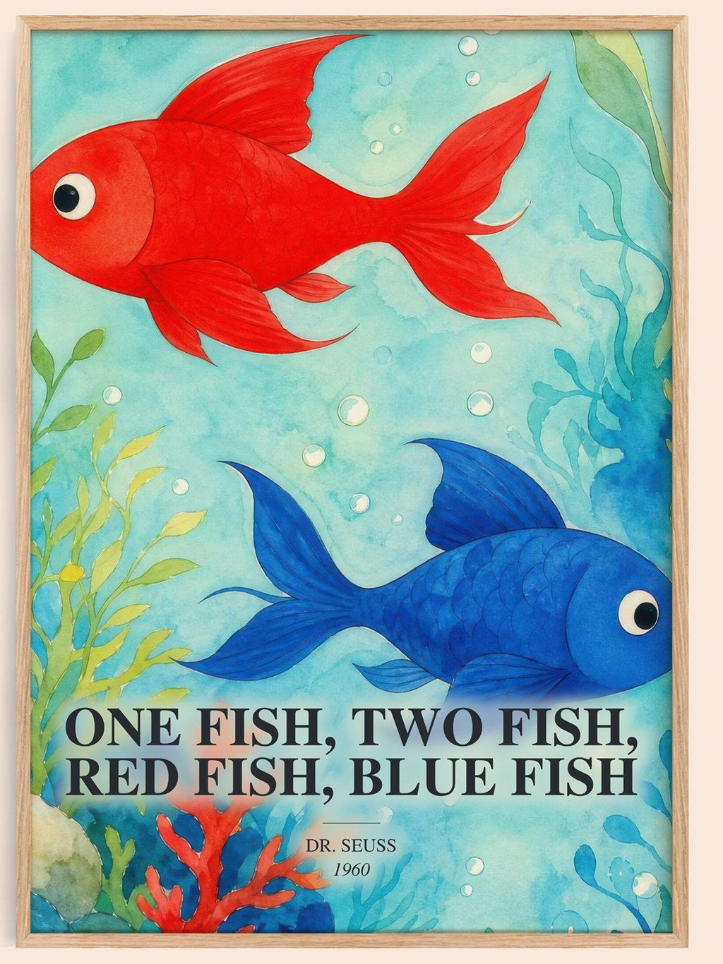 One Fish, Two Fish, Red Fish, Blue Fish watercolour book poster by Dr. Seuss – framed literary art print