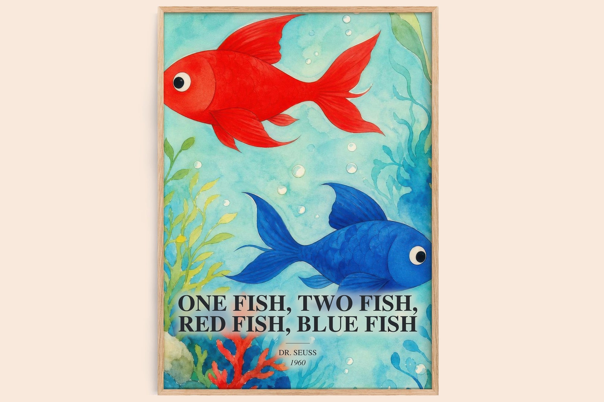 One Fish, Two Fish, Red Fish, Blue Fish watercolour book poster by Dr. Seuss – framed literary art print