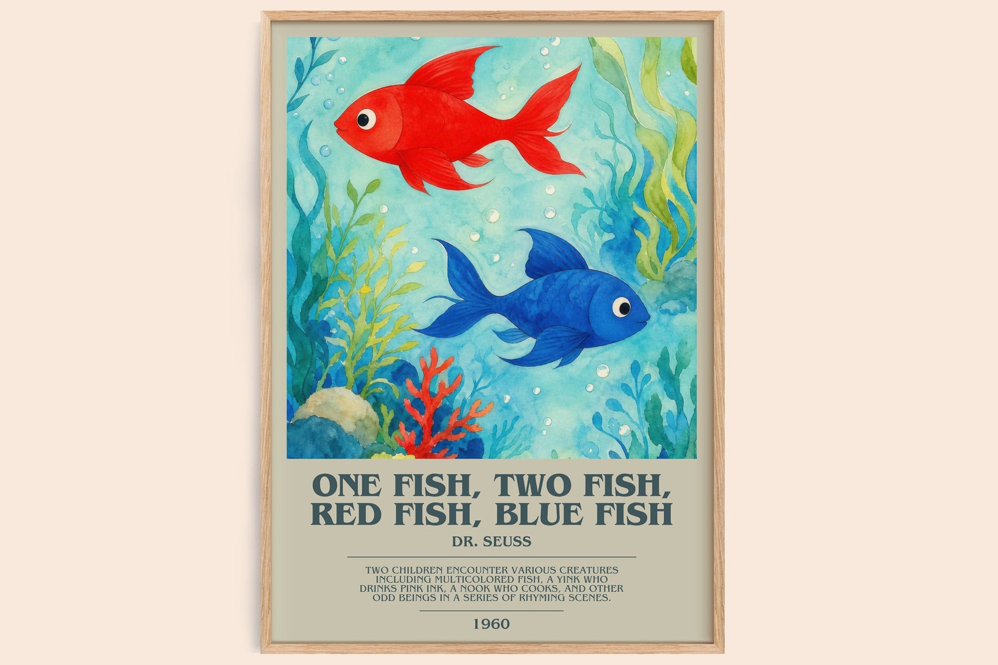 One Fish, Two Fish, Red Fish, Blue Fish bookish book poster by Dr. Seuss – framed literary art print