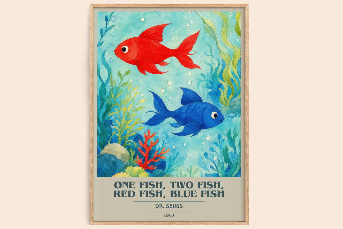 One Fish, Two Fish, Red Fish, Blue Fish book cover book poster by Dr. Seuss – framed literary art print