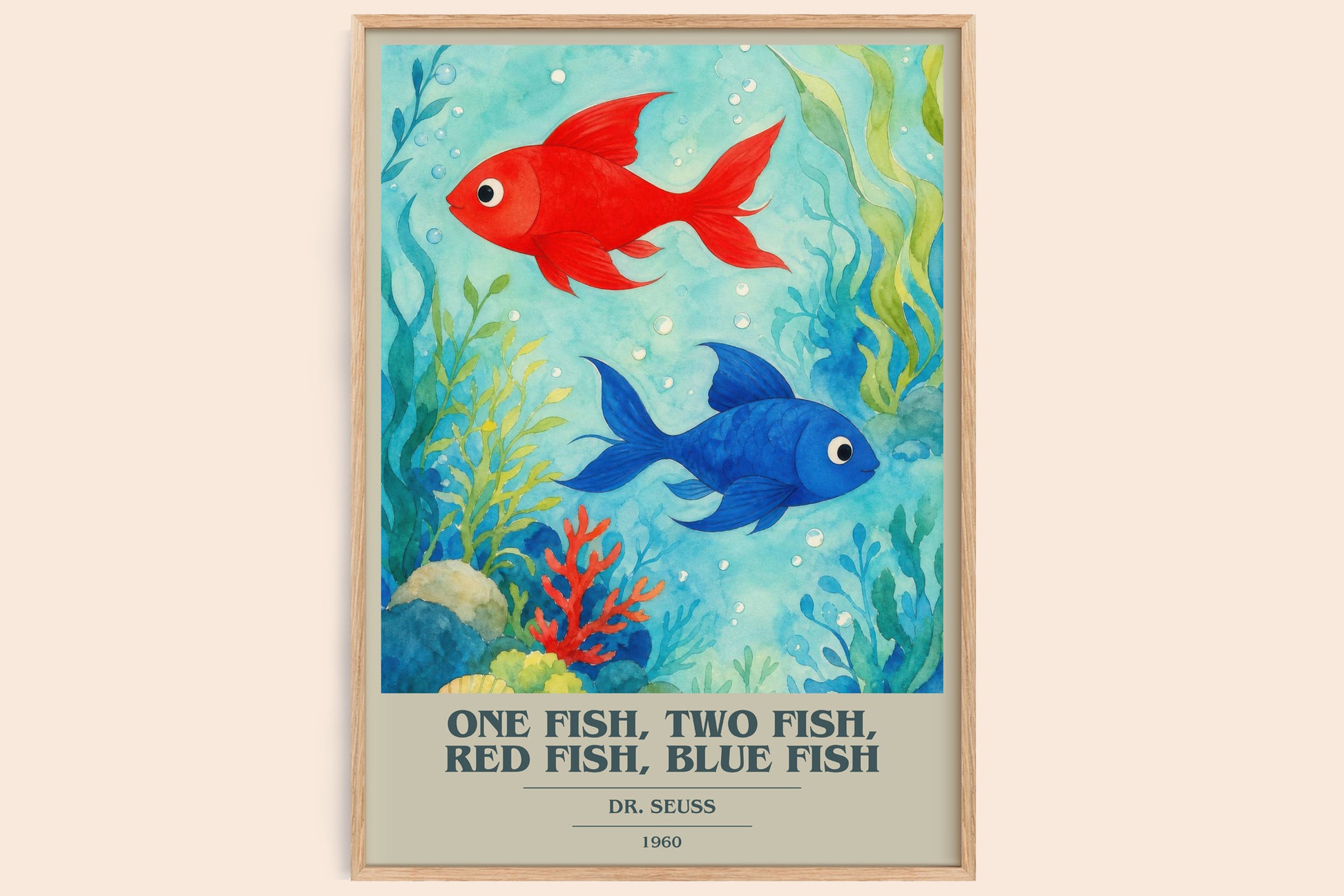 One Fish, Two Fish, Red Fish, Blue Fish book cover book poster by Dr. Seuss – framed literary art print