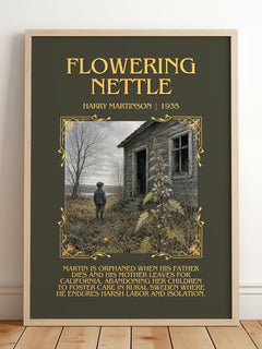 Flowering Nettle Minimalist Book Poster by Harry Martinson – framed print leaning on a wooden floor
