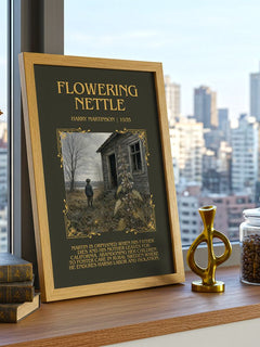 Flowering Nettle Minimalist Book Poster by Harry Martinson – framed print on a city-view windowsill