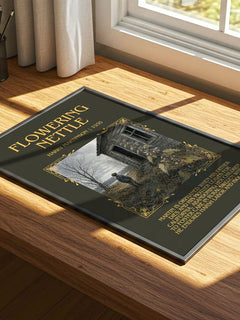 Flowering Nettle Minimalist Book Poster by Harry Martinson – print on a sunlit desk