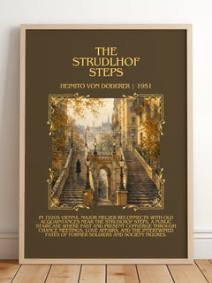 The Strudlhof Steps Minimalist Book Poster by Heimito von Doderer – framed print leaning on a wooden floor