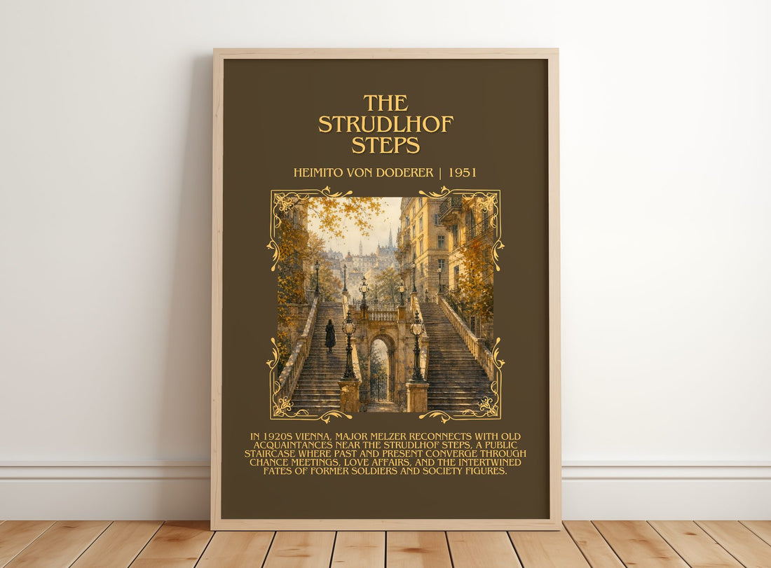 The Strudlhof Steps Minimalist Book Poster by Heimito von Doderer – framed print leaning on a wooden floor