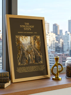 The Strudlhof Steps Minimalist Book Poster by Heimito von Doderer – framed print on a city-view windowsill