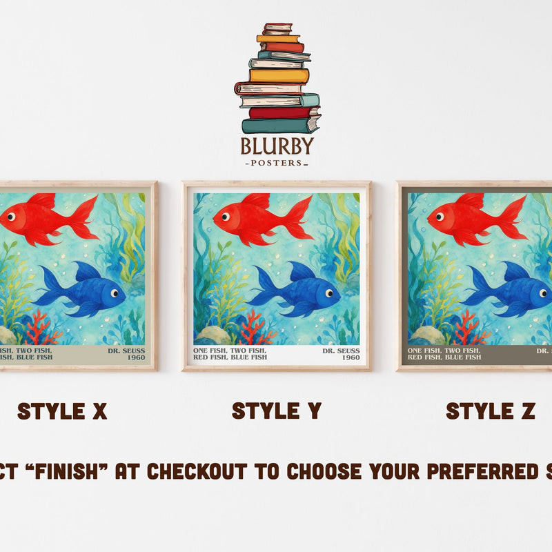 One Fish, Two Fish, Red Fish, Blue Fish literary print in frame leaning in hallway – childrens wall art