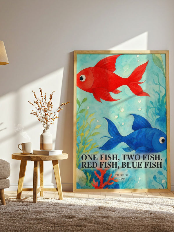 One Fish, Two Fish, Red Fish, Blue Fish watercolour print in frame leaning in hallway – childrens wall art