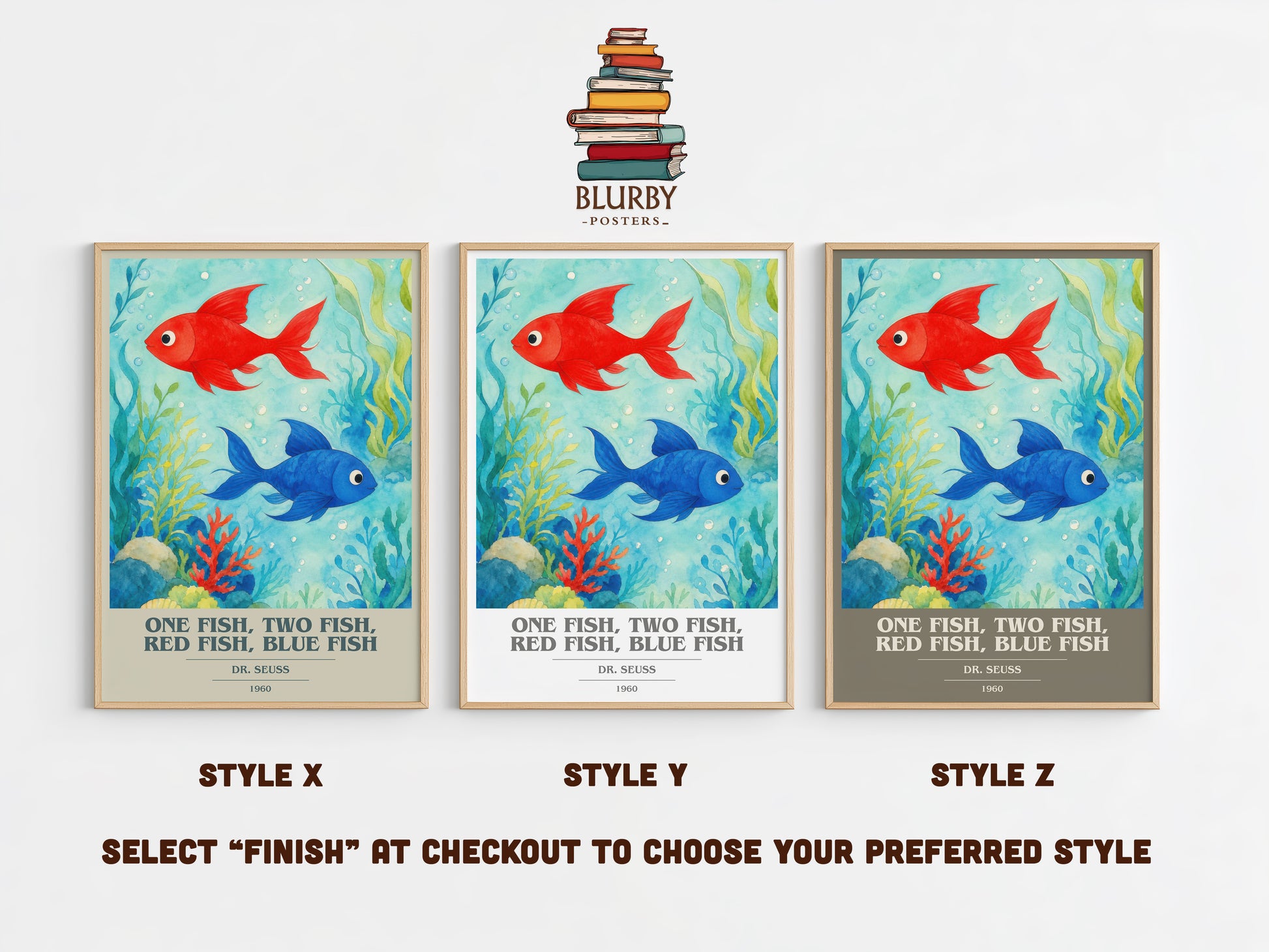 One Fish, Two Fish, Red Fish, Blue Fish book cover print in frame leaning in hallway – childrens wall art