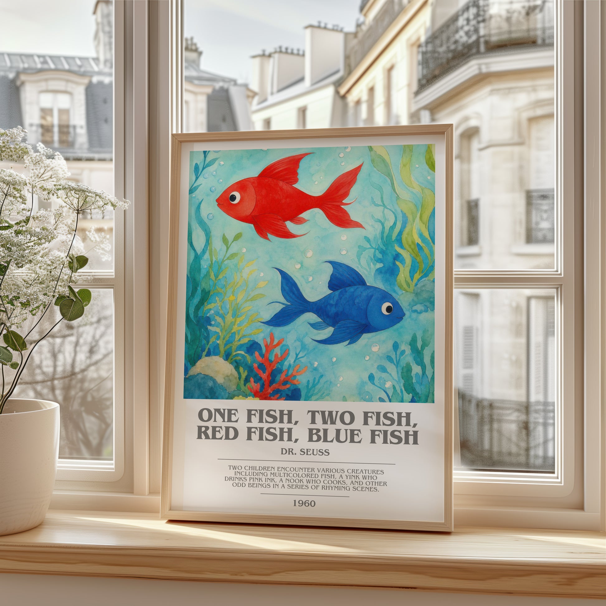 One Fish, Two Fish, Red Fish, Blue Fish bookish poster colour and style options – Dr. Seuss book art