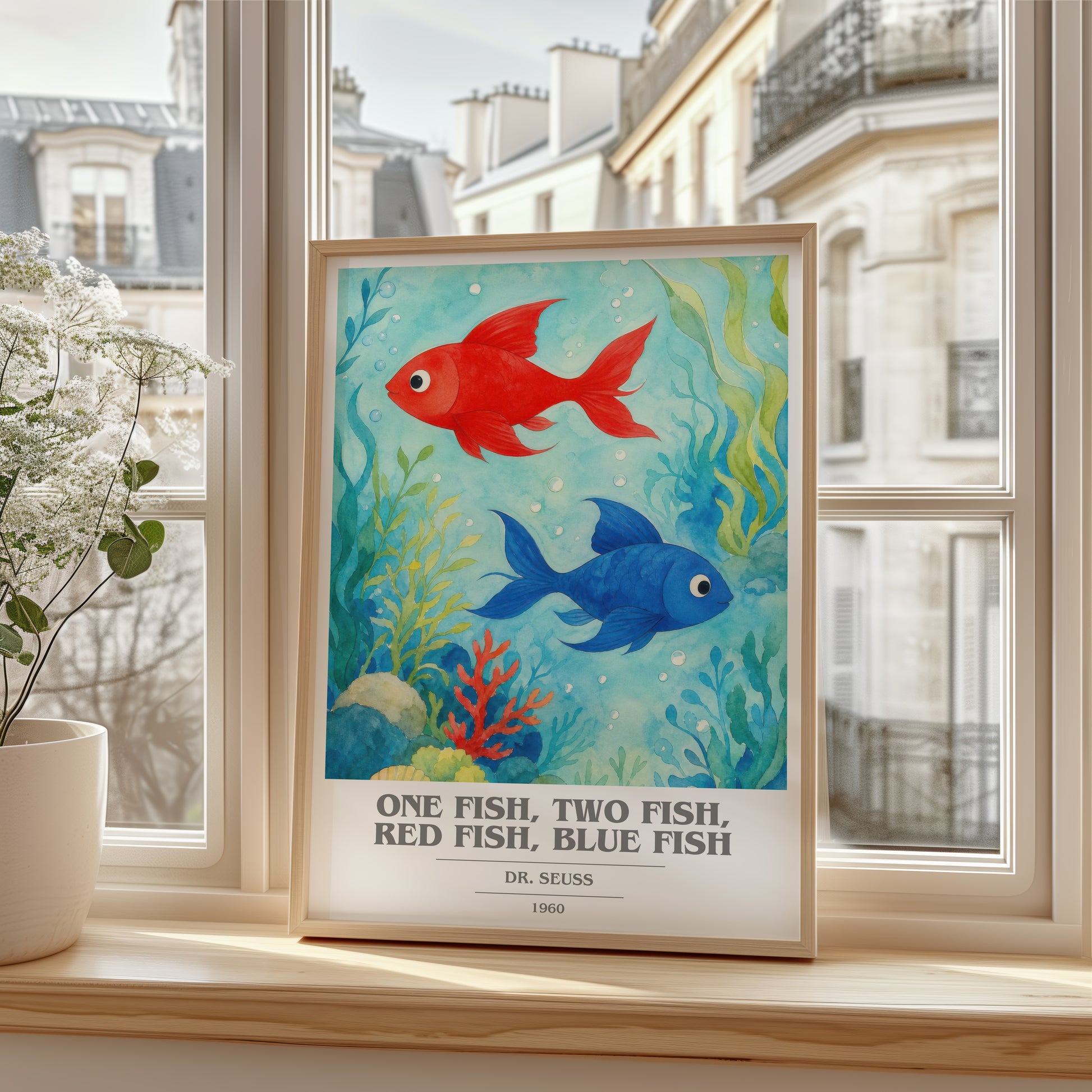 One Fish, Two Fish, Red Fish, Blue Fish book cover poster colour and style options – Dr. Seuss book art