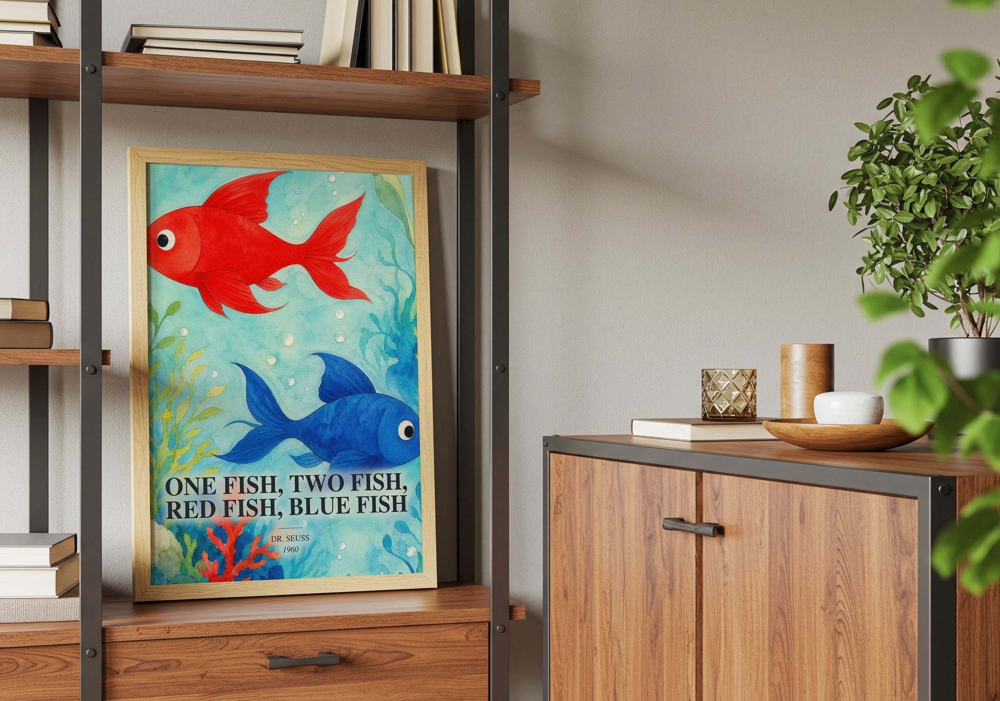 One Fish, Two Fish, Red Fish, Blue Fish book watercolour illustration paper finish options – matte satin gloss