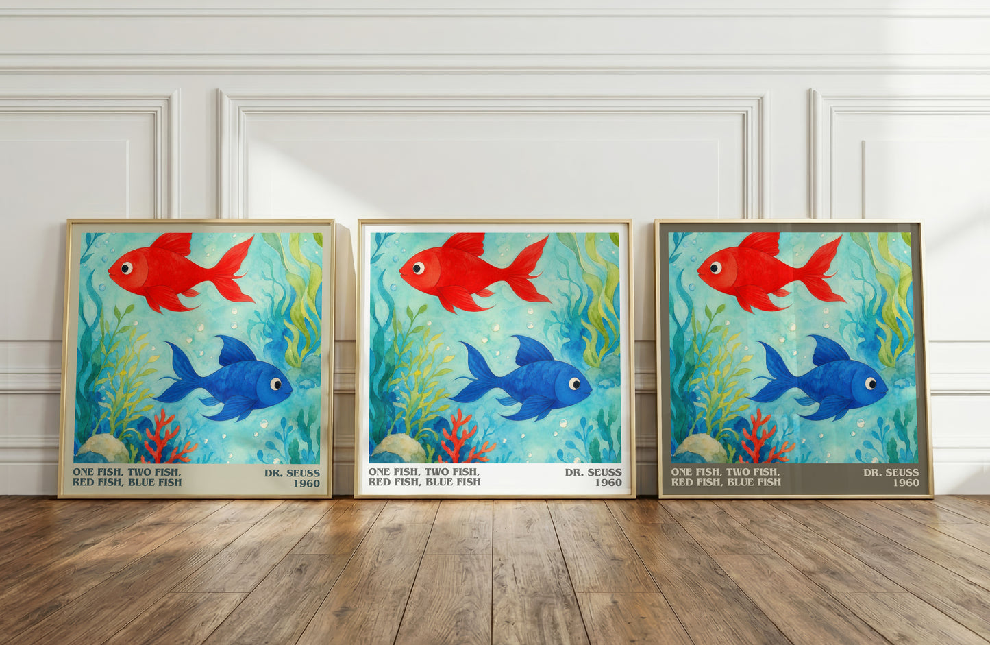 One Fish, Two Fish, Red Fish, Blue Fish literary art print colour and style options – Dr. Seuss book art