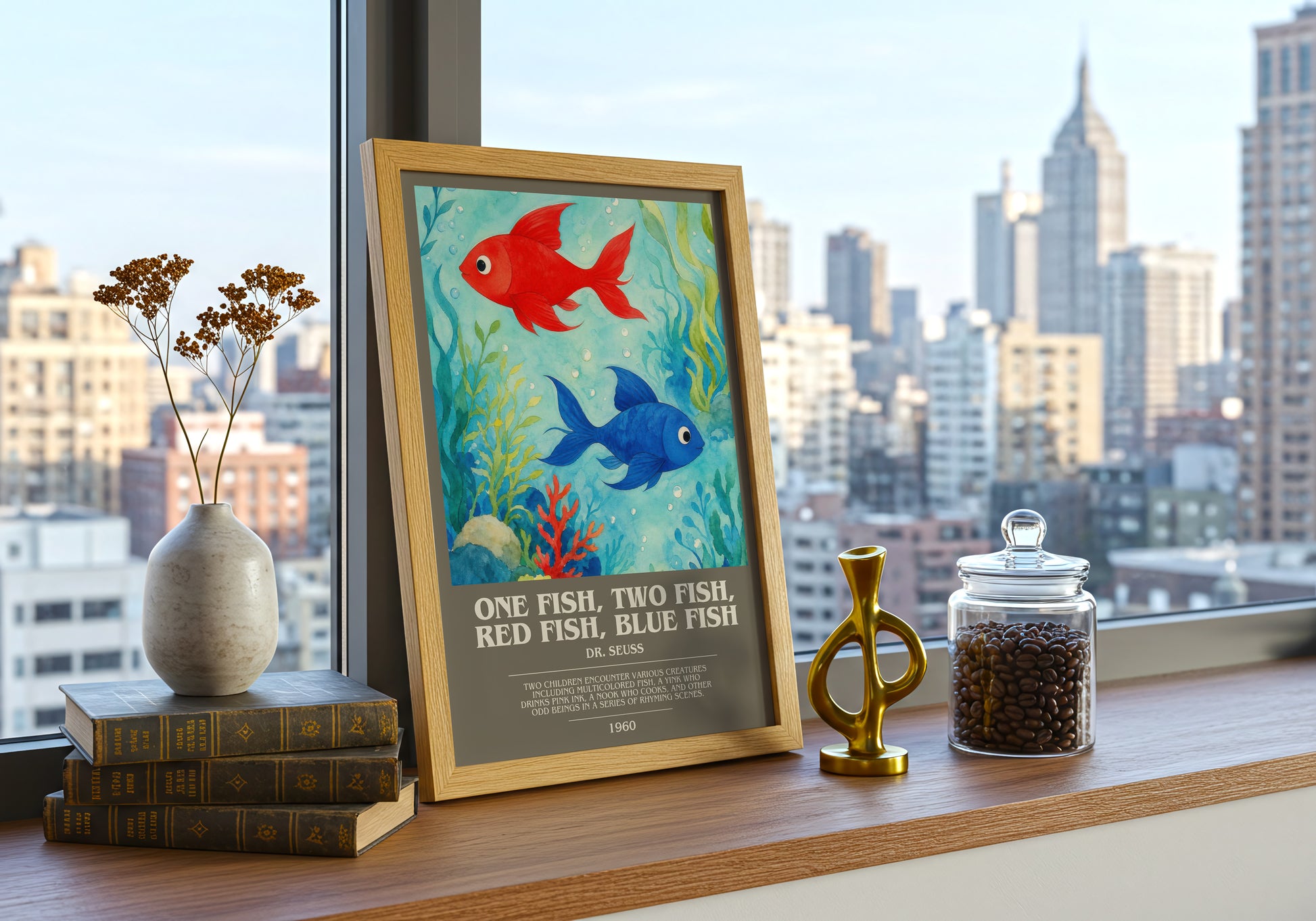 One Fish, Two Fish, Red Fish, Blue Fish bookish print framed by window – literary home decor