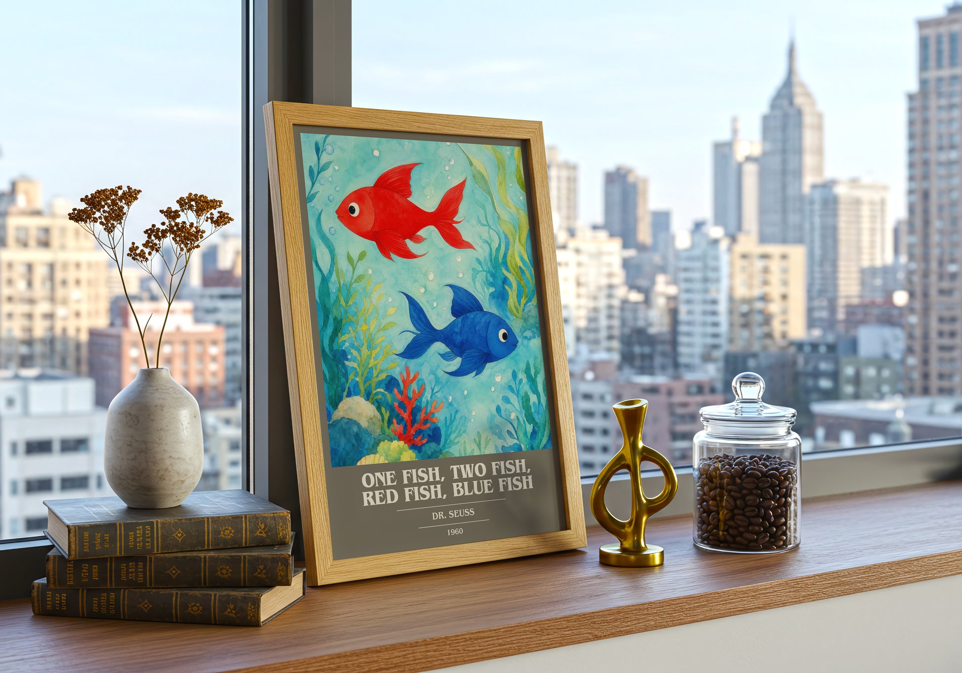 One Fish, Two Fish, Red Fish, Blue Fish book cover print framed by window – literary home decor