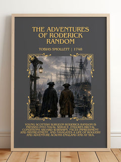 Adventures Of Roderick Random Minimalist Book Poster by T. Smollett – framed print leaning on a wooden floor