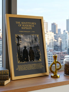 Adventures Of Roderick Random Minimalist Book Poster by T. Smollett – framed print on a city-view windowsill