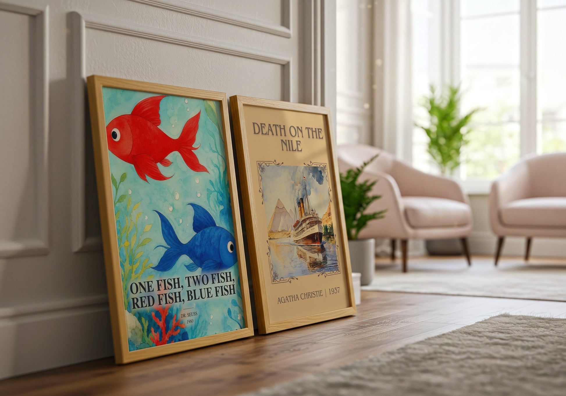 One Fish, Two Fish, Red Fish, Blue Fish watercolour print framed by window – literary home decor